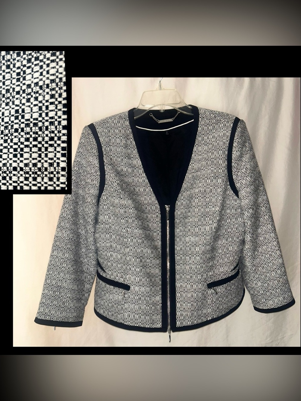 Women's Black & White Fitted Textured Zip-Front Collarless Jacket